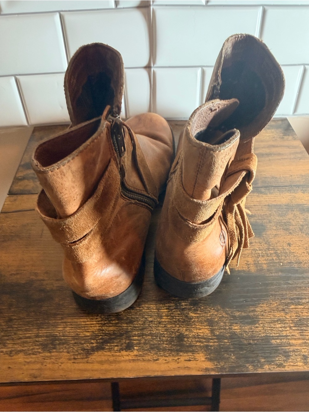 Born Tan Leather Ankle Boots with Wrap Suede Straps - Picture 4 of 6